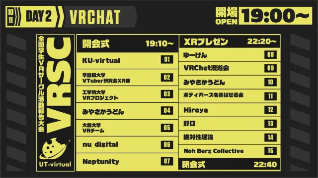 10月11日（日） VRChatの登壇順。19:00開場、19:10開会式・団体活動報告、22:20 XRプレゼン、22:40閉会式。