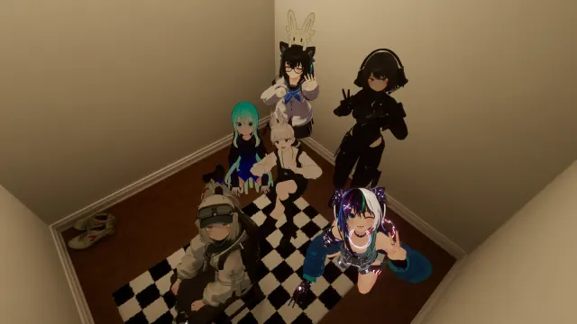 室内に集まって撮影したアバターの集合写真