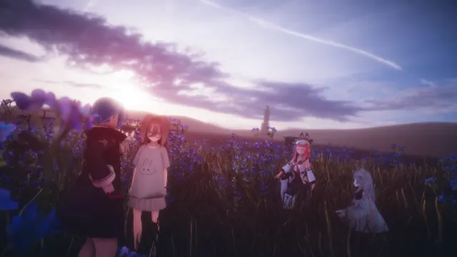 夕暮れの花畑のワールドでの記念撮影