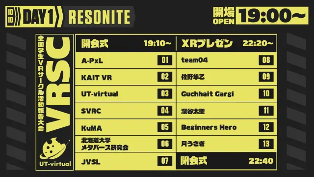 10月10日（土） Resoniteの登壇順。19:00開場、19:10開会式・団体活動報告、22:20 XRプレゼン、22:40閉会式。