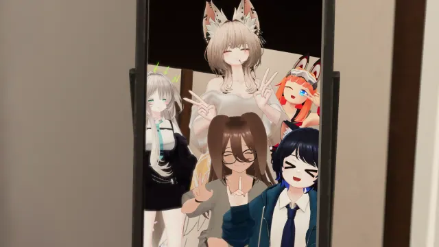 アバター姿で記念撮影を楽しむ学生たち