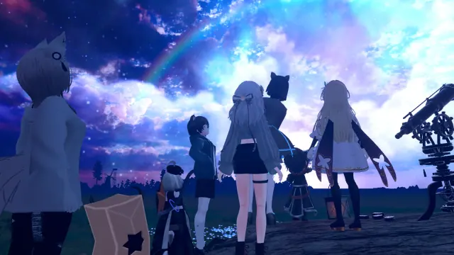 星空の広がるワールドを見上げるメンバー